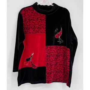 Erika Woman Velour Mock‎ Neck Top Black Red Paisley Embroidered Colorblock Sz 1X